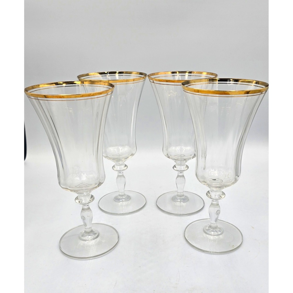 Mikasa Jamestown 9" Water Goblets Crystal/ Gold Rim Set of 4 Vintage